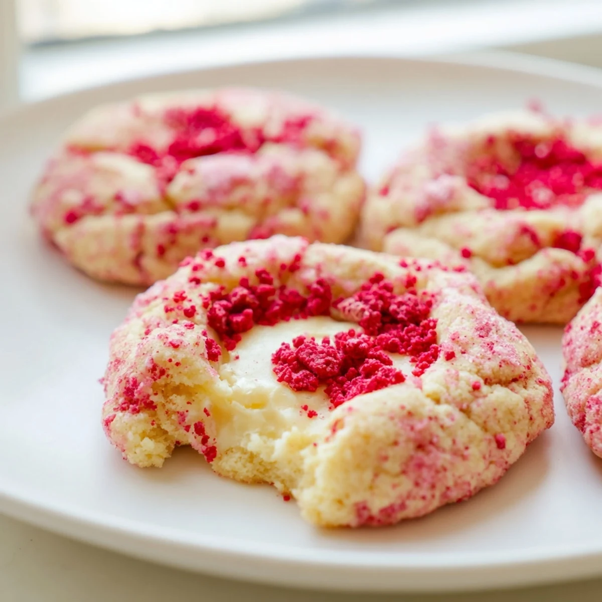 Soft strawberry cheesecake cookies with golden edges and creamy centers on rustic parchment paper