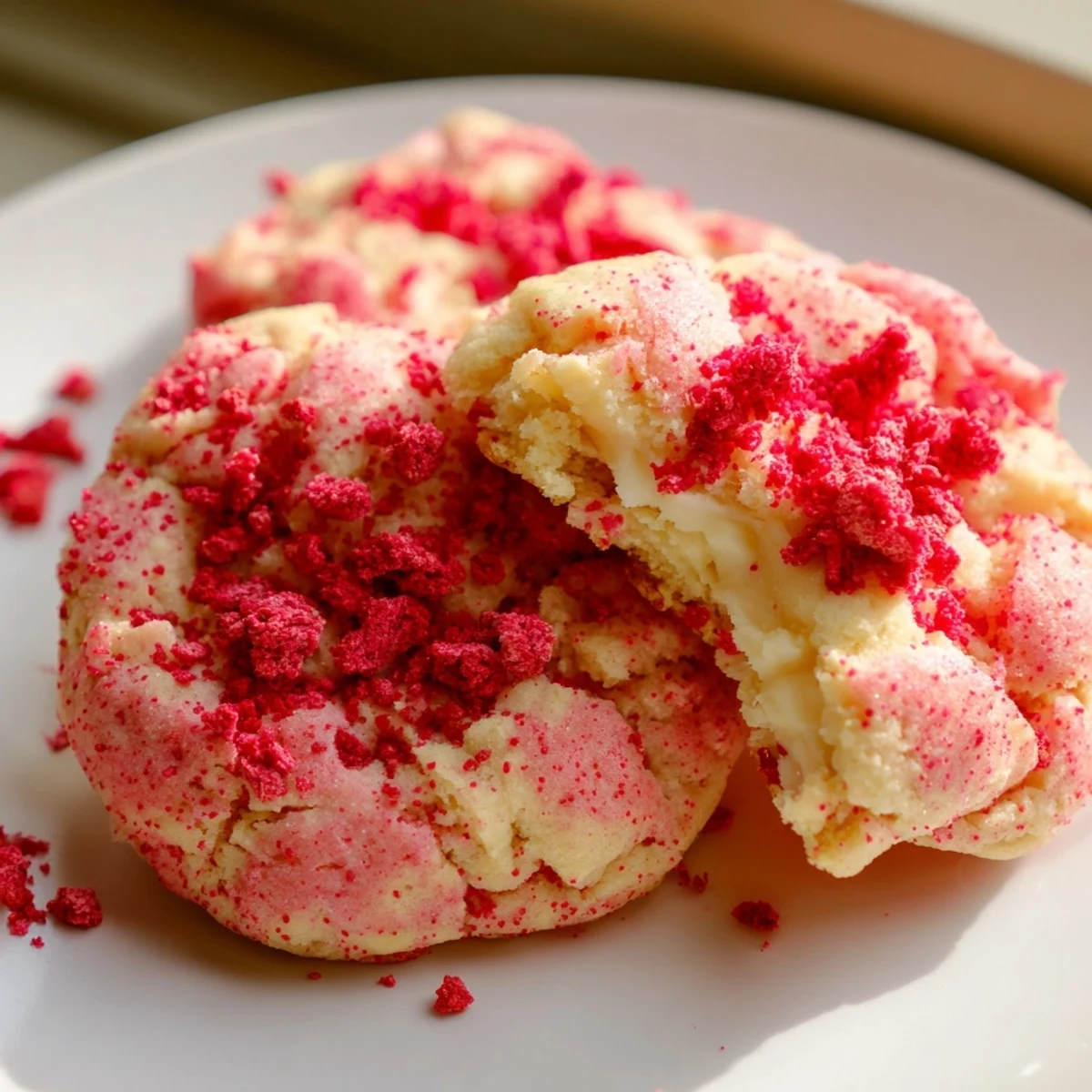 Pink-frosted strawberry cheesecake cookies arranged on white platter for summer dessert party