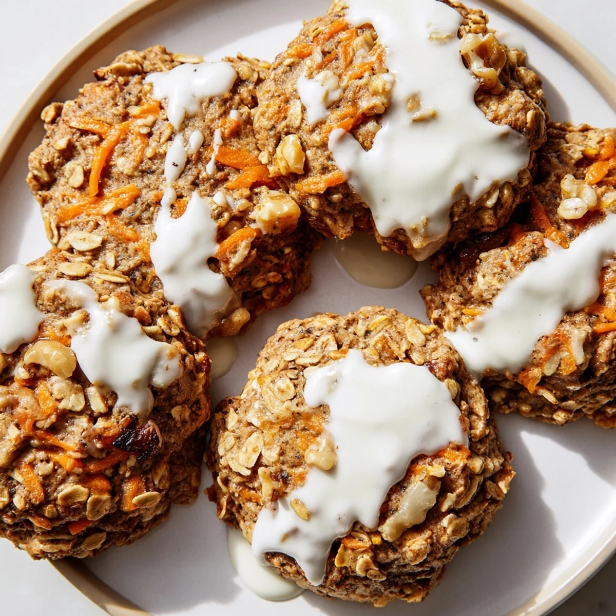 Soft carrot cake cookies with creamy vanilla drizzle on rustic white serving plate