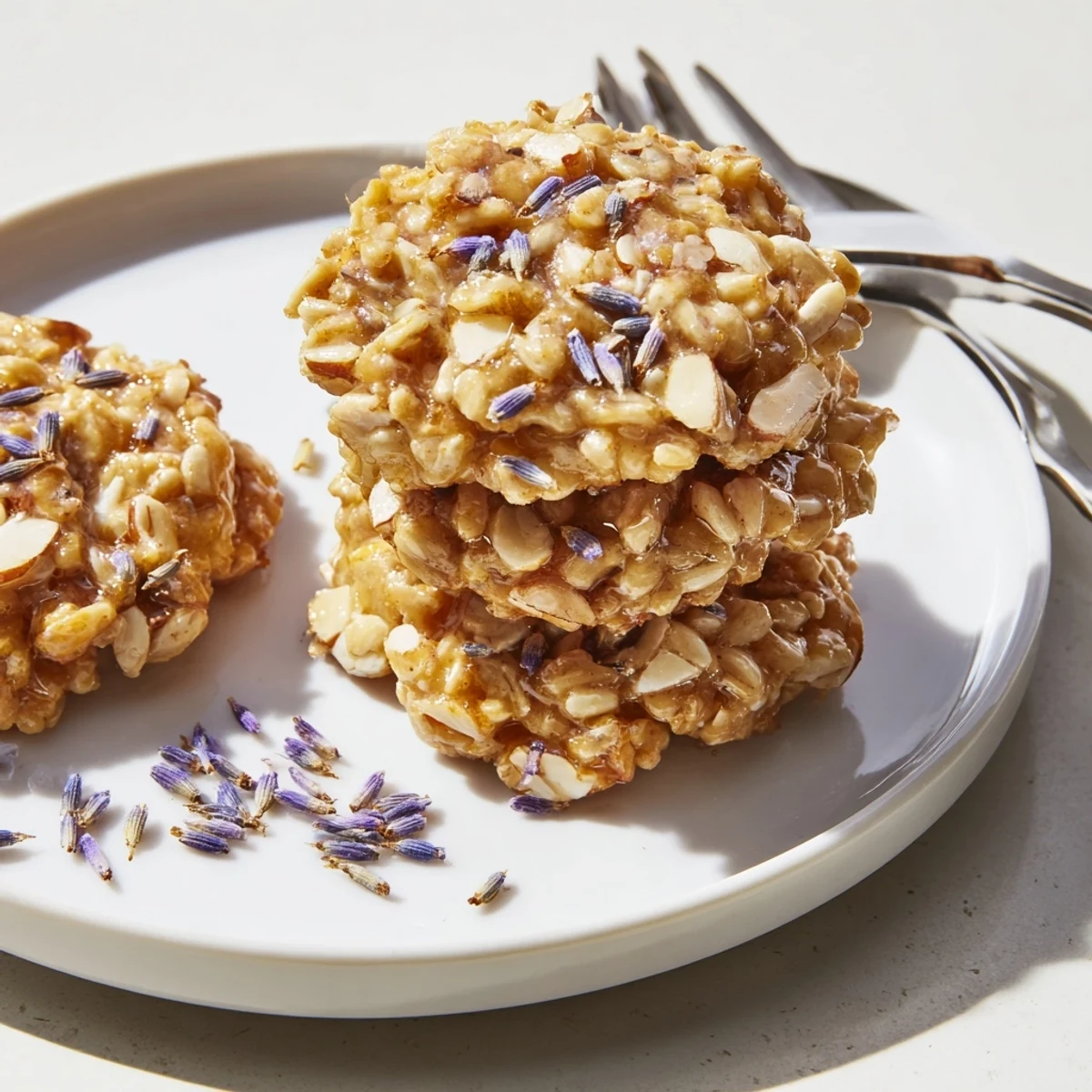 Golden Lavender Honey Crunch Cookies with chopped almonds arranged on a rustic wooden serving board
