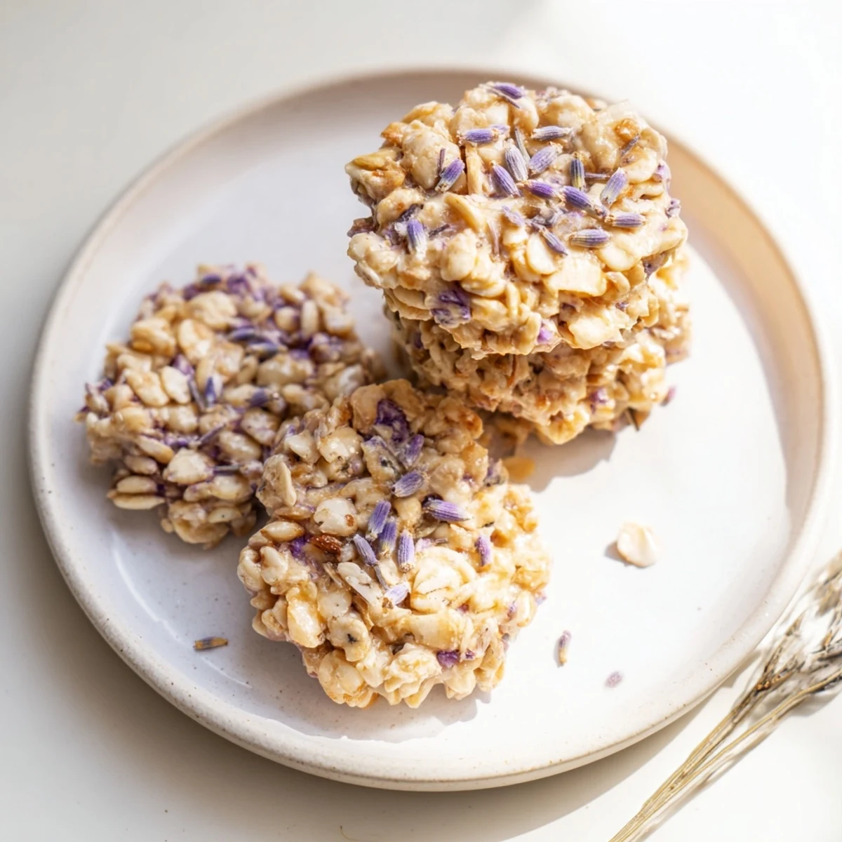 Crisp homemade Lavender Honey Crunch Cookies cooling on wire rack with visible purple lavender specks