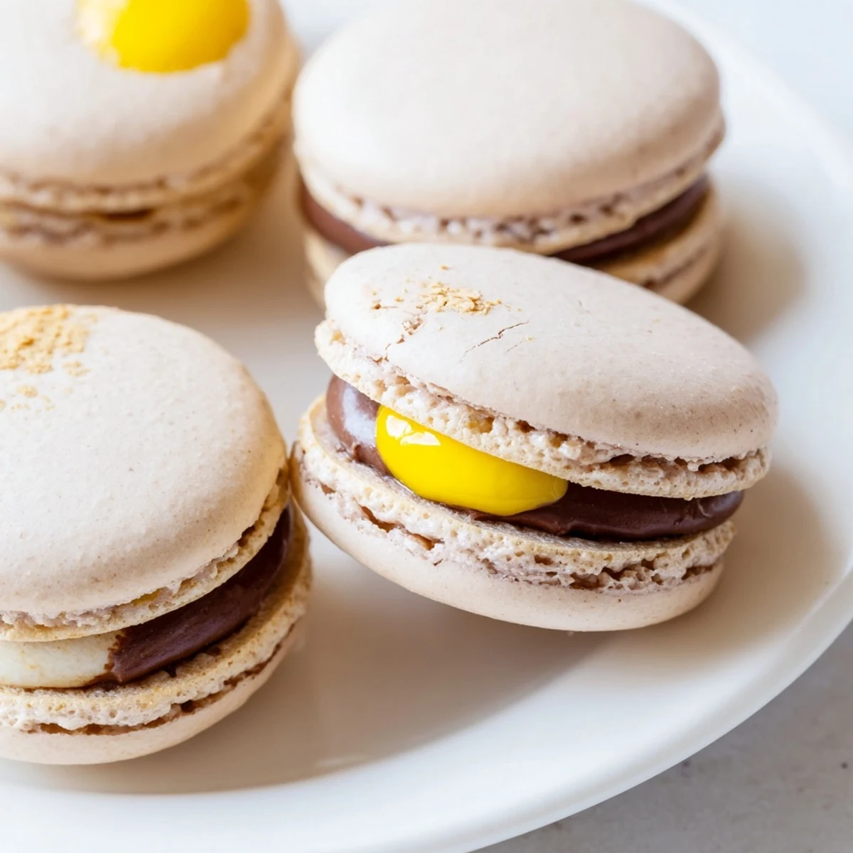 Delicate Cadbury Egg macarons with smooth chocolate filling sandwiched between crisp pastel shells
