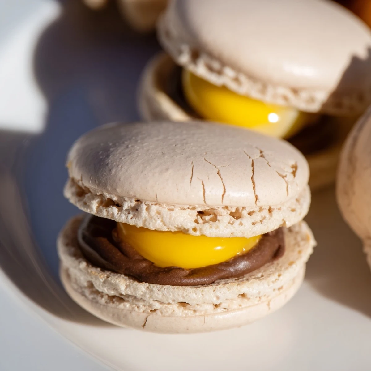 Creamy yellow yolk center peeking from chocolate Cadbury Egg macarons arranged on serving plate