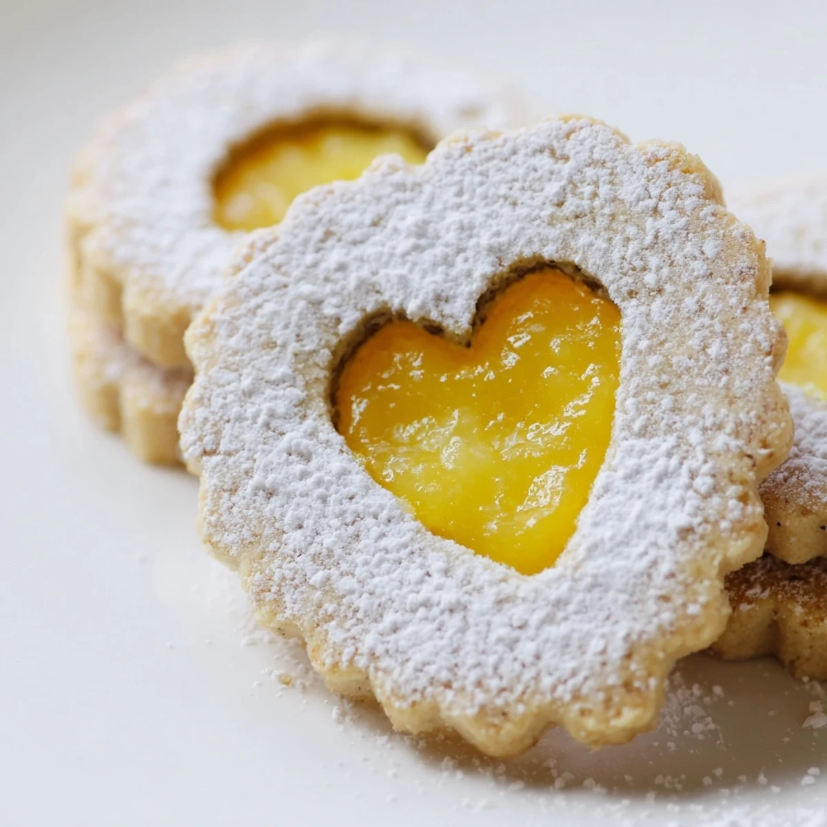 Delicate Meyer Lemon Curd Linzer Cookies with powdered sugar dusting and cutout windows