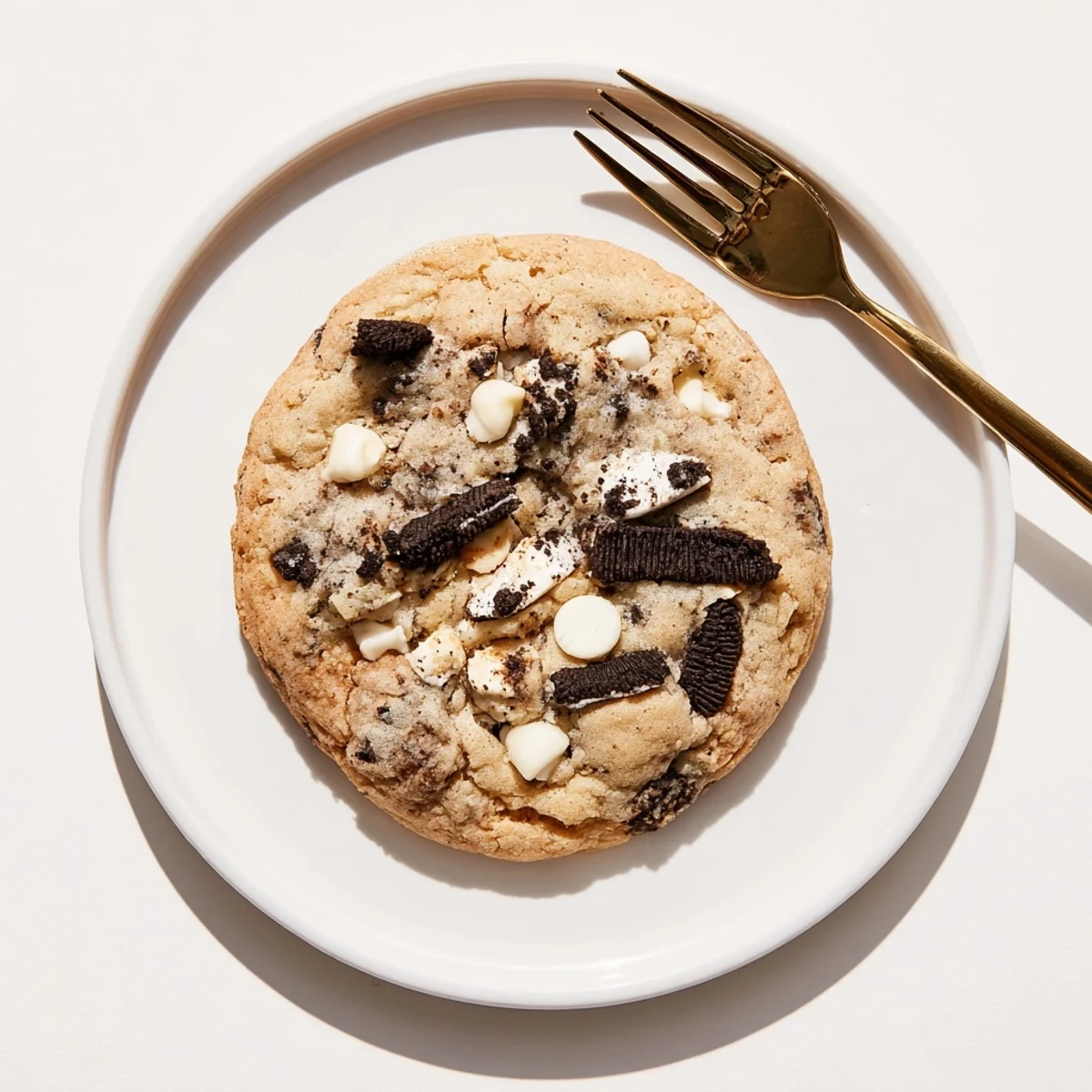 Soft chewy cookies and cream cookie with white chocolate chips on rustic wooden board
