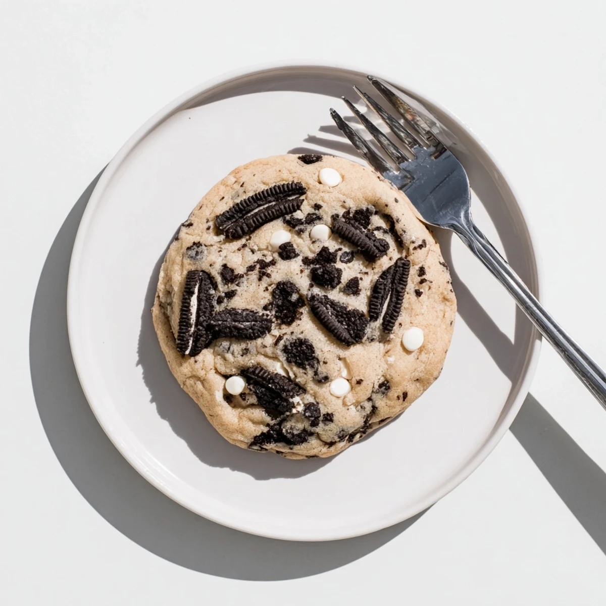 Chopped Oreo pieces and creamy chips dot this golden brown cookies and cream cookie