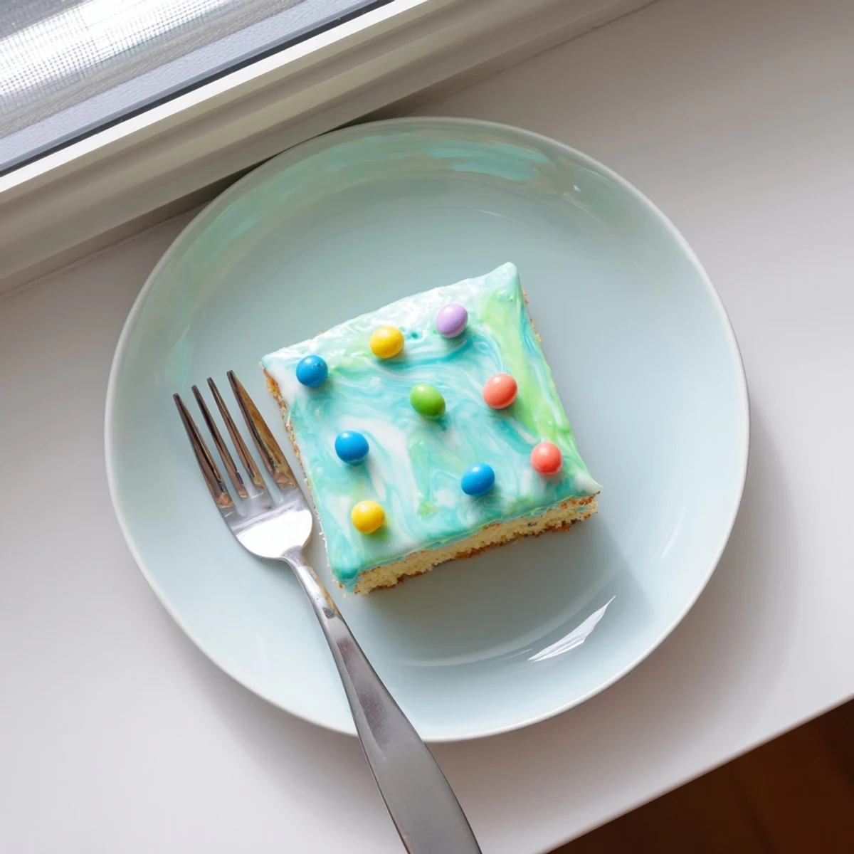 Moist Robin Egg Snack Cake topped with pastel glaze and colorful candy eggs