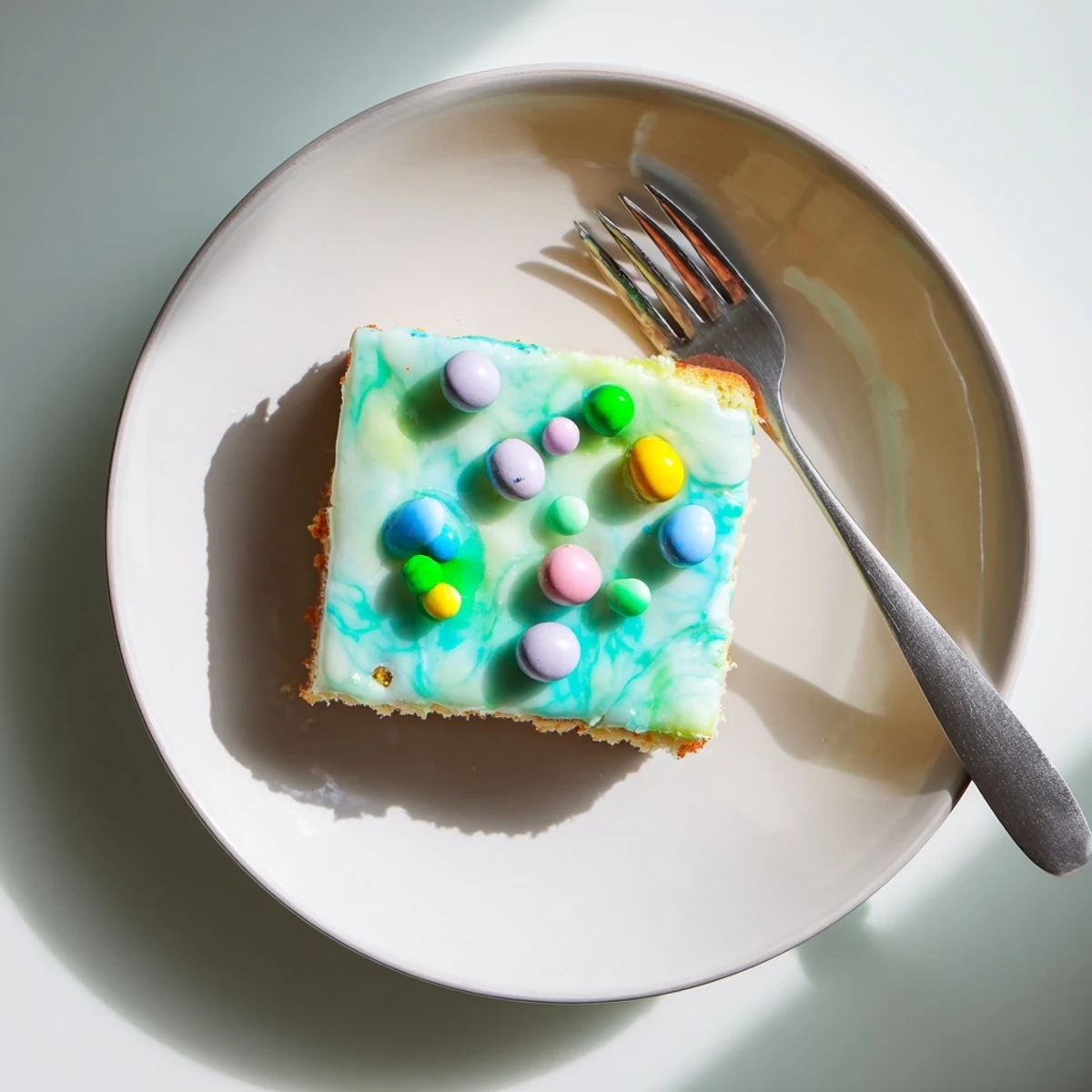 Tender Robin Egg Snack Cake with swirled frosting and speckled malted candy
