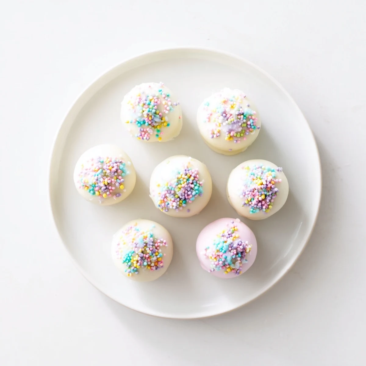 Creamy Banana Pudding Easter Truffles coated in white chocolate with colorful sprinkles
