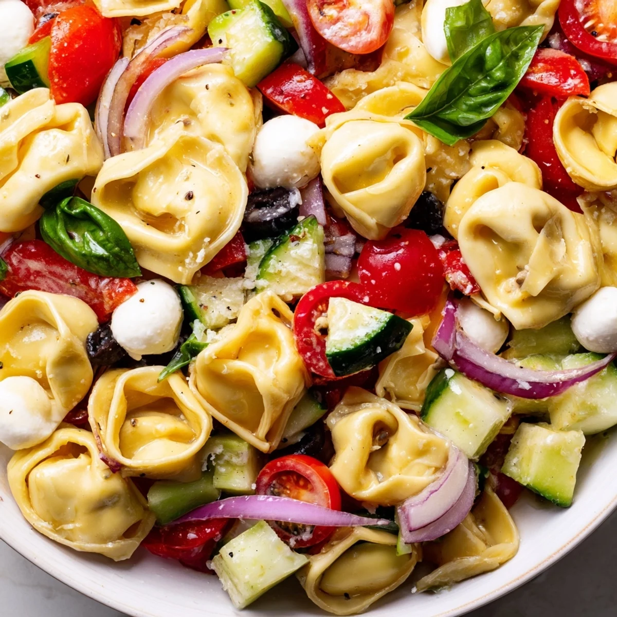 Colorful tortellini salad with cherry tomatoes, cucumber, and mozzarella in Italian dressing