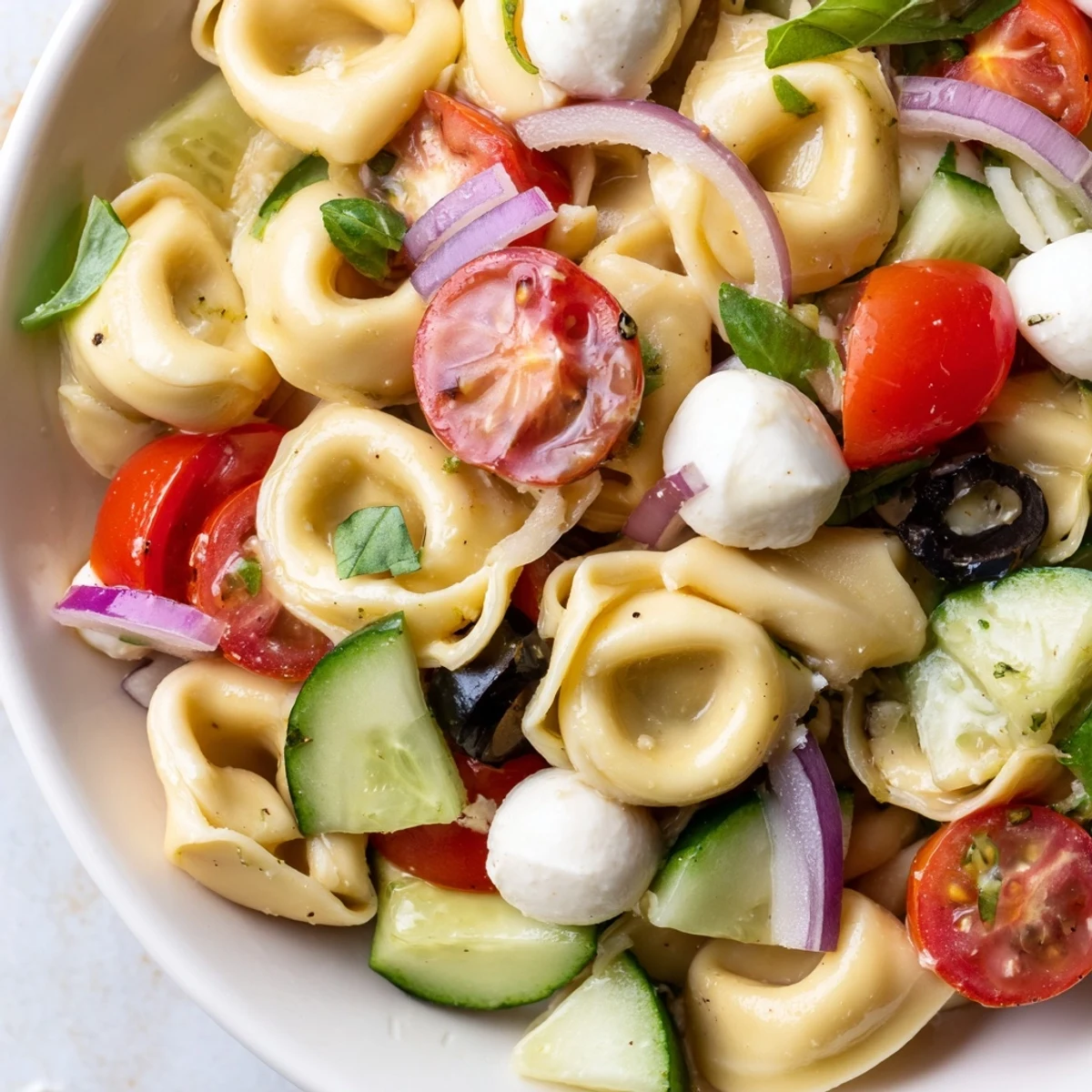 Creamy cheese tortellini salad tossed with crisp vegetables and fresh basil leaves
