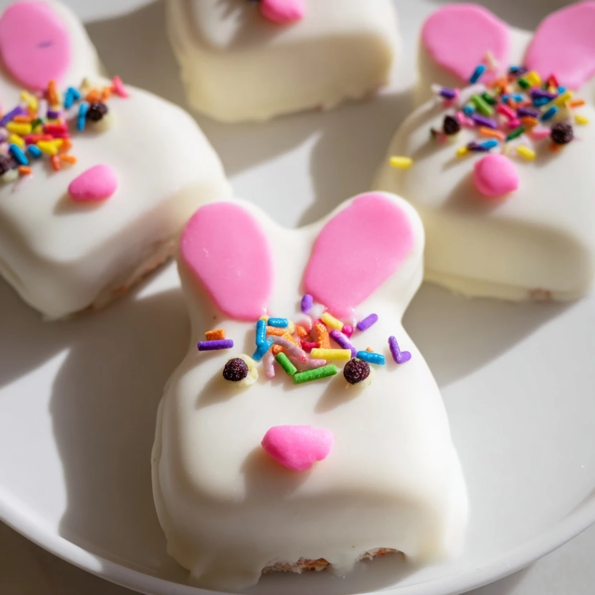 Adorable white chocolate bunny cakesicles with candy eyes and pink ears on sticks