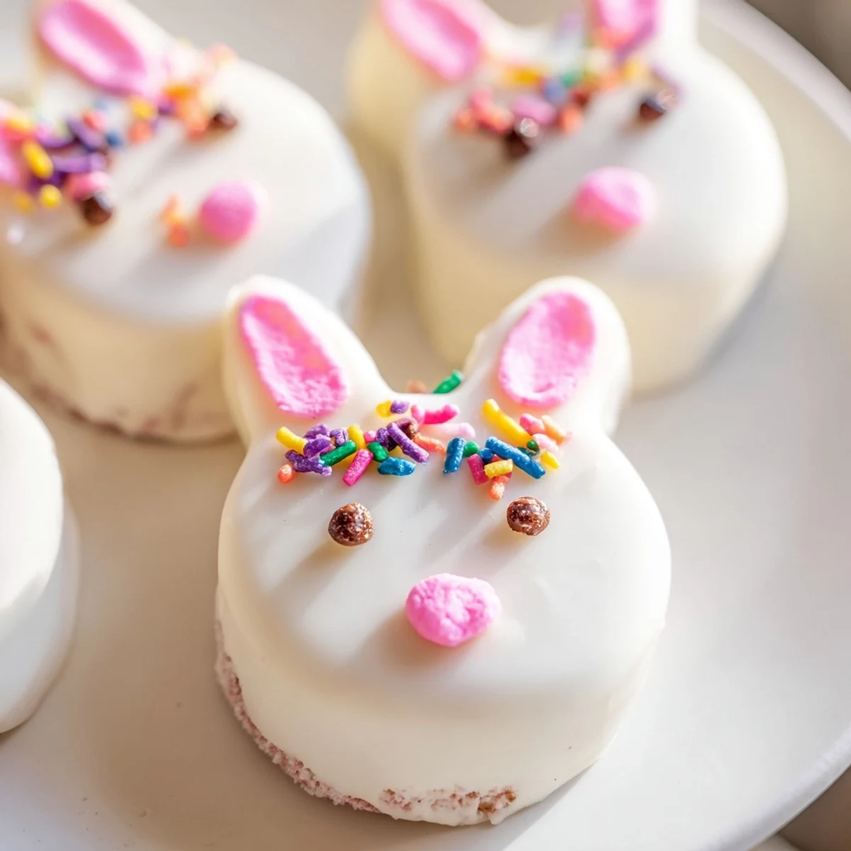 Creamy white chocolate bunny cakesicles decorated with sprinkles for festive Easter treats