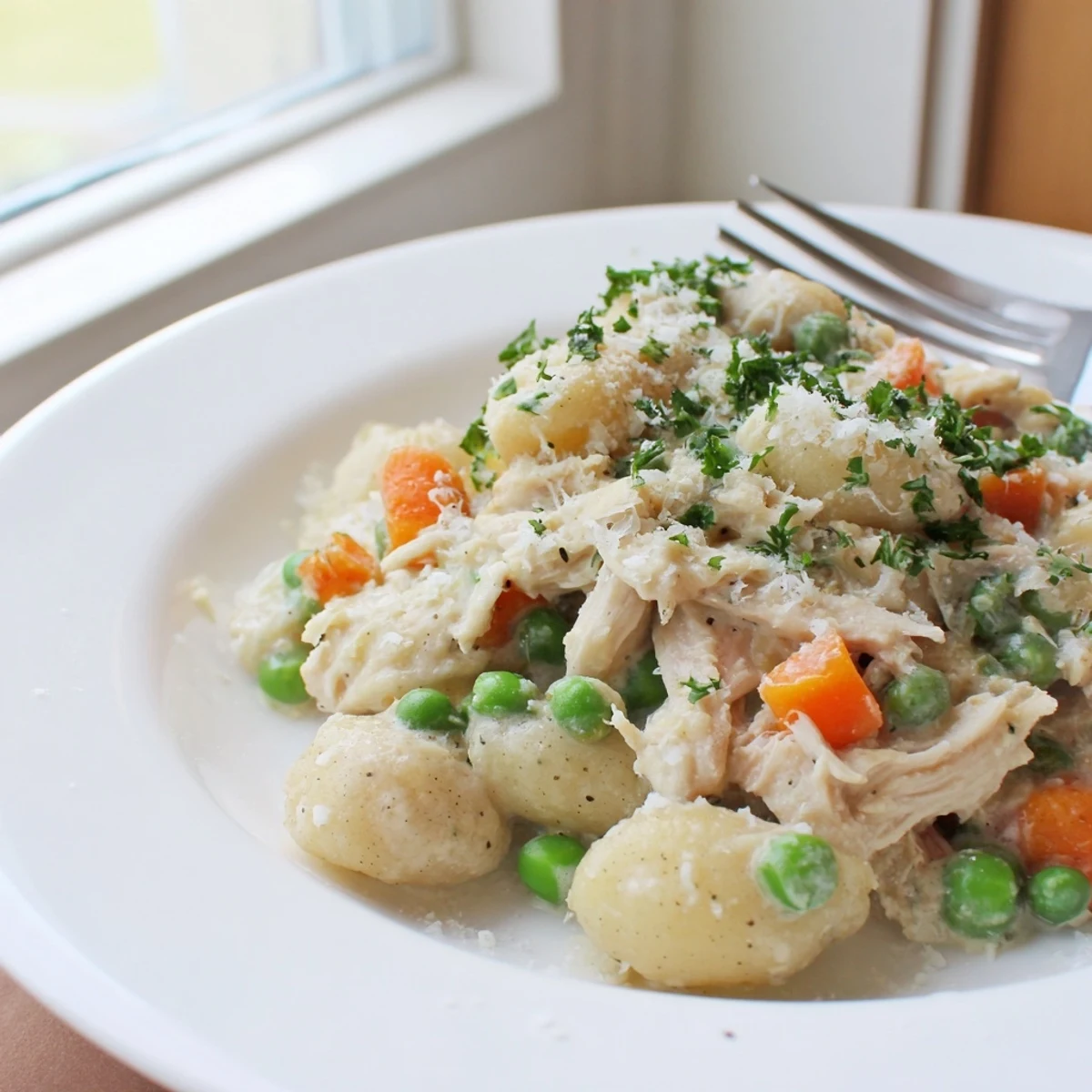 Creamy one pot gnocchi chicken pot pie with tender vegetables in golden sauce