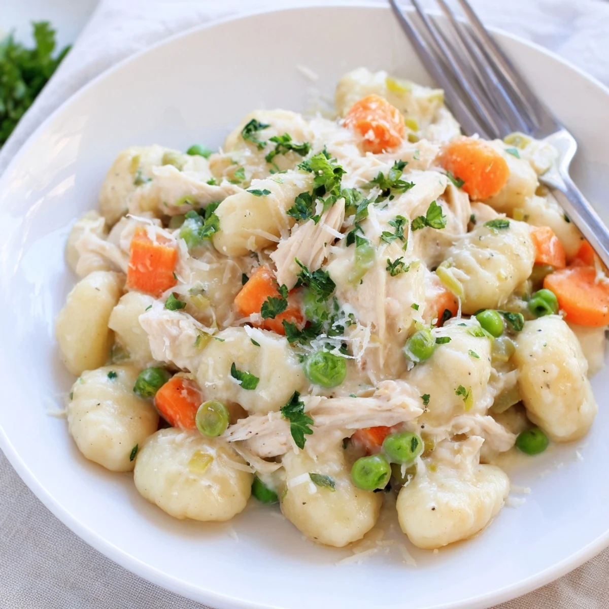 One pot gnocchi chicken pot pie topped with fresh parsley garnish