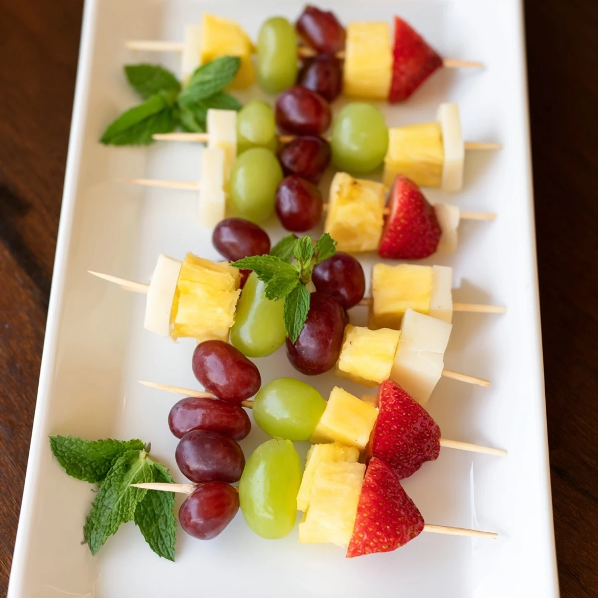 Colorful fruit and cheese kabobs arranged on a platter with fresh mint garnish