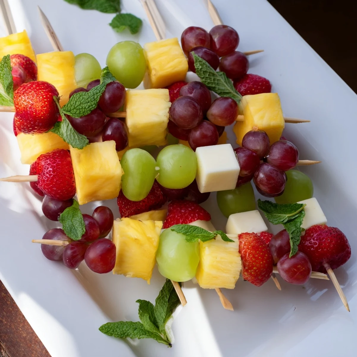 Juicy grapes and creamy cheese cubes threaded on wooden skewers for parties