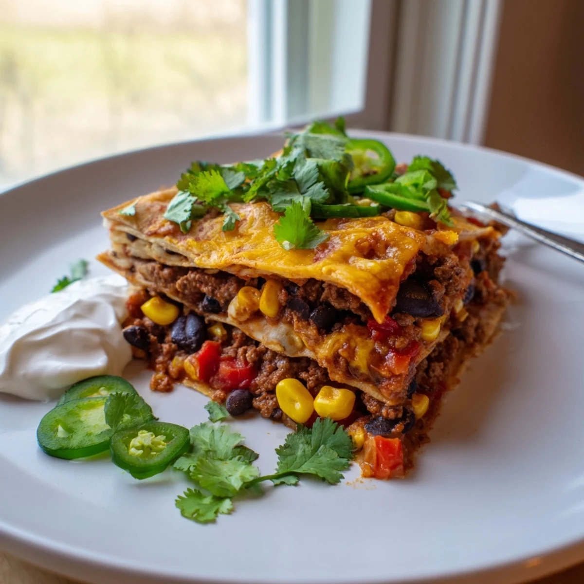Golden bubbling Mexican lasagna with layers of seasoned beef, beans, and melted cheese fresh from oven.