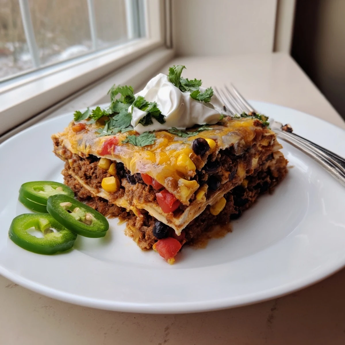 Tortilla layers stacked with spicy ground beef, black beans, corn, and gooey melted cheddar cheese.