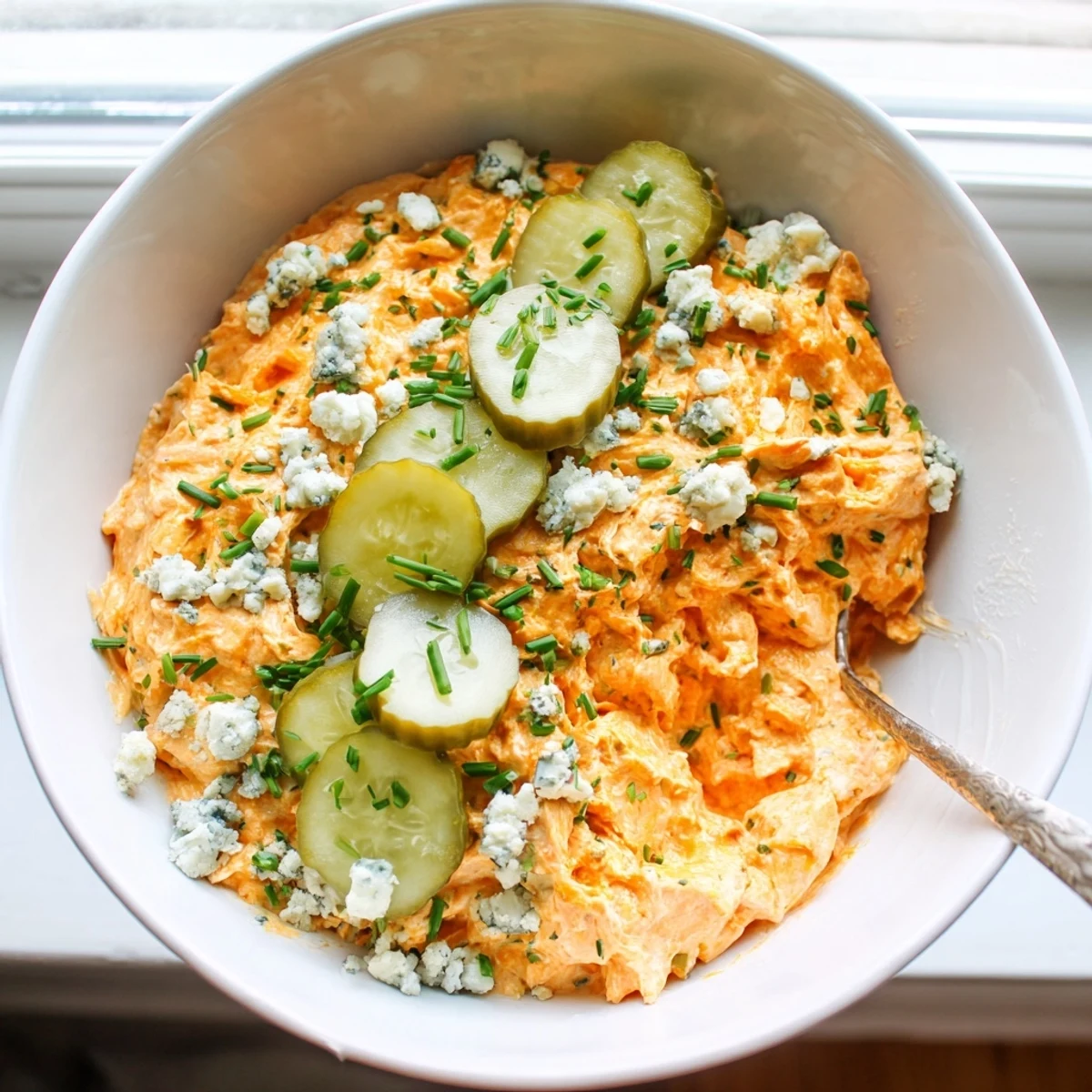 Creamy buffalo pickle dip in a serving bowl surrounded by crispy chips and fresh veggie sticks