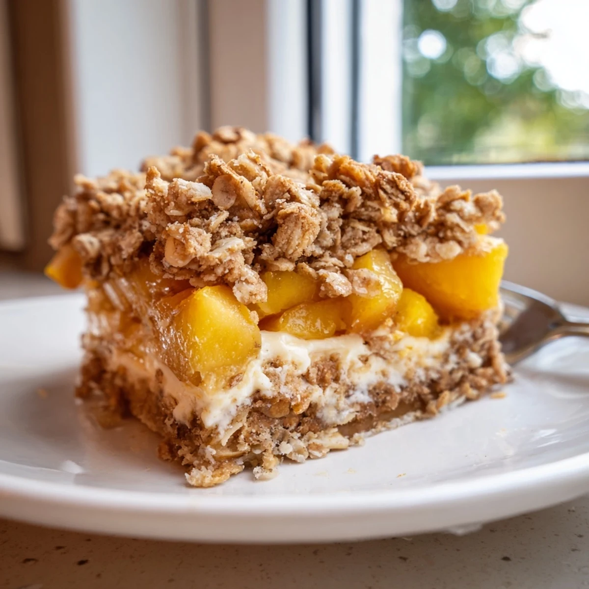 Golden Peaches And Cream Crumble Bars with buttery oat topping on a rustic wooden cutting board