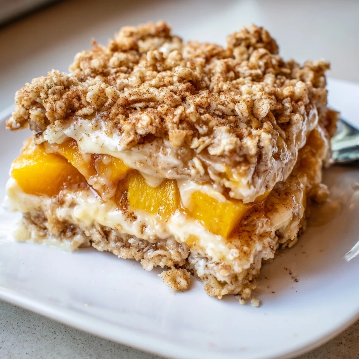 Creamy cheesecake layer visible through golden oat crumble on these Peaches And Cream Crumble Bars