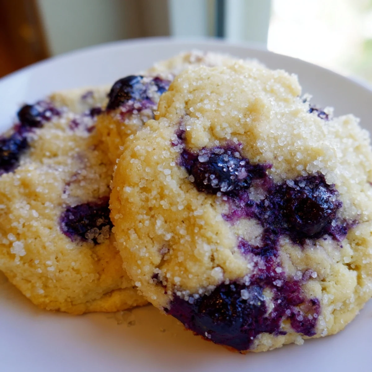 Soft blueberry muffin cookies with golden edges and juicy berries on a rustic baking sheet