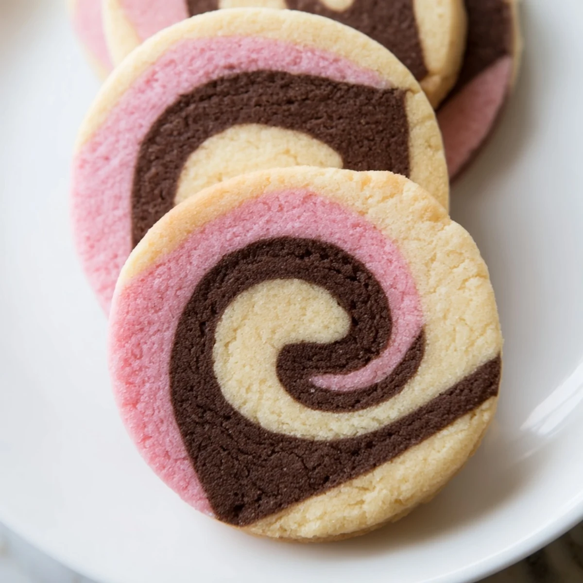 Colorful Neapolitan Swirl Cookies with chocolate, vanilla, and strawberry spirals on a rustic baking sheet