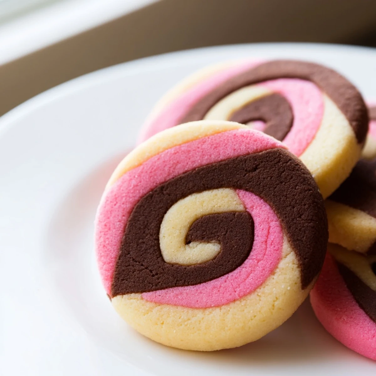 Slice of Neapolitan Swirl Cookies revealing tri-colored pinwheel pattern with soft, buttery edges