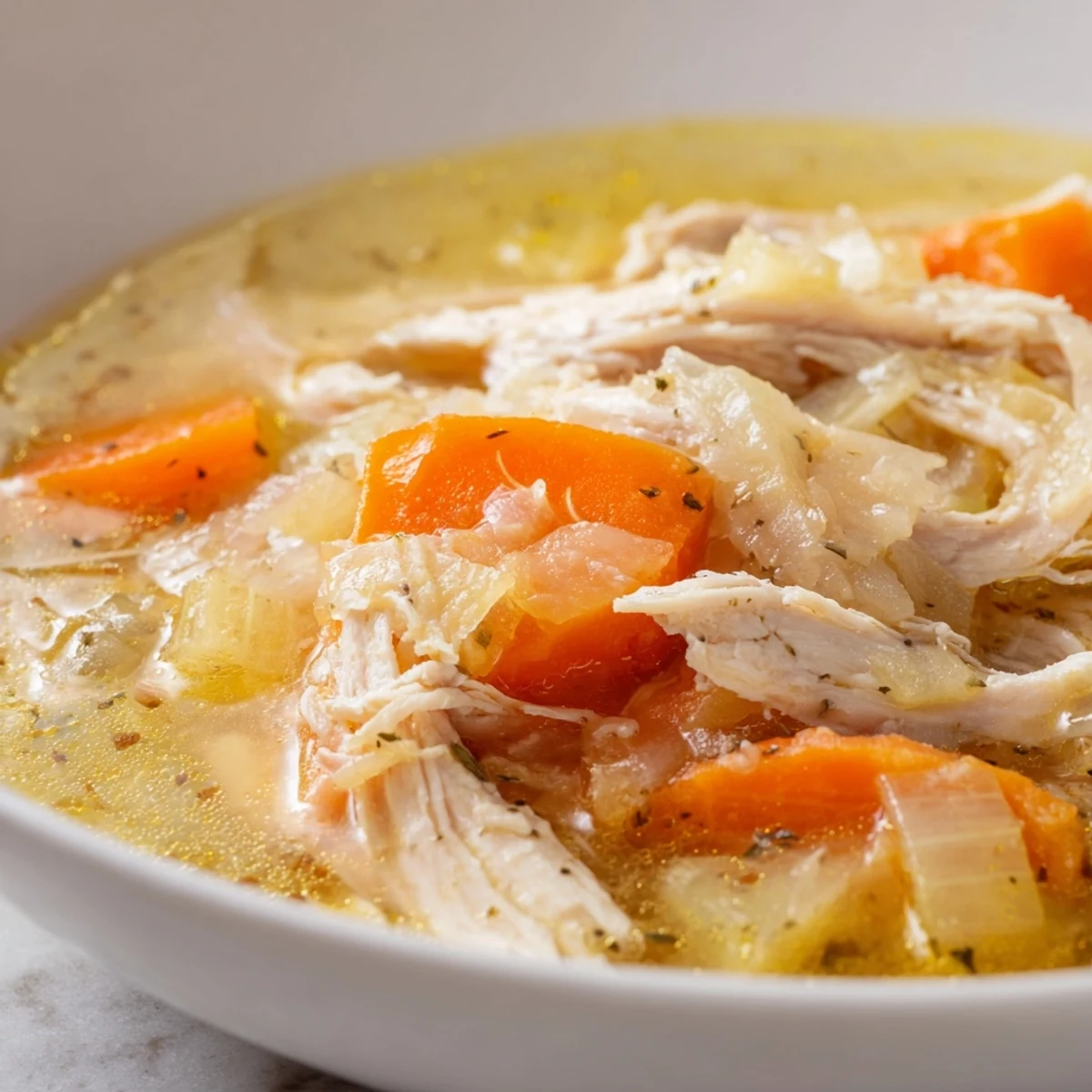 Golden Crockpot Lemon Chicken Soup with tender shredded meat and bright herbs in a white bowl