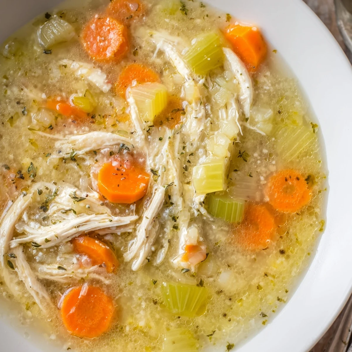 Steaming bowl of Crockpot Lemon Chicken Soup featuring carrots, celery, and fresh parsley garnish
