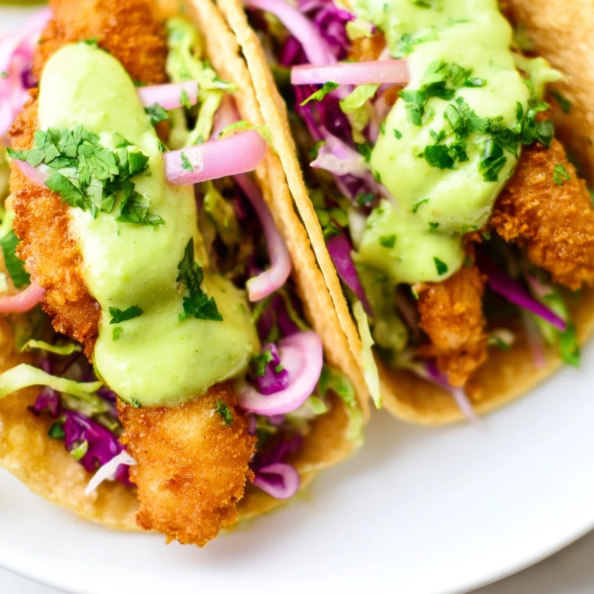 Crispy golden Baja fish tacos topped with creamy avocado crema and fresh crunchy cabbage slaw