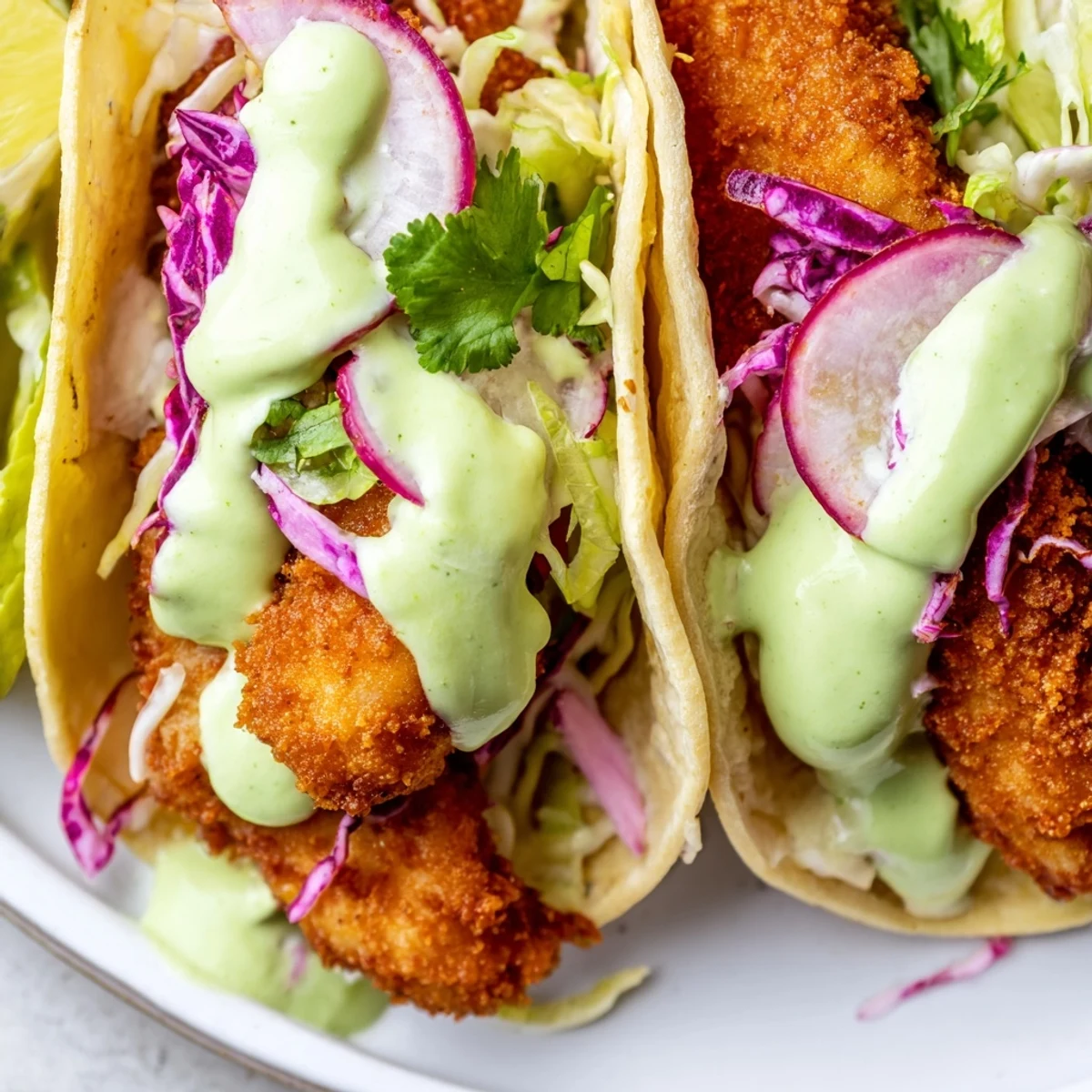 Baja fish tacos on warm corn tortillas drizzled with tangy green avocado sauce and lime
