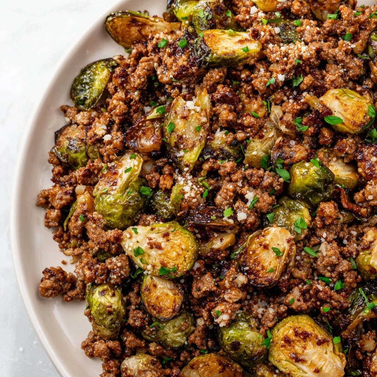 Golden ground beef and Brussels sprouts skillet sizzling with caramelized edges and savory seasonings