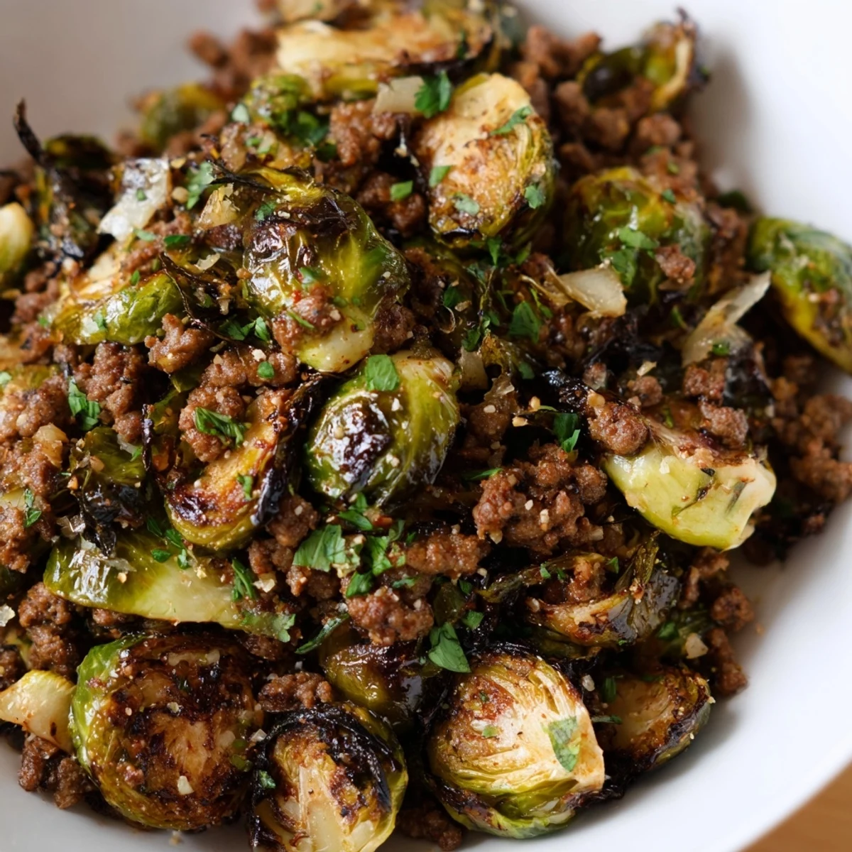 Tender Brussels sprouts with seasoned ground beef in a smoky paprika cast iron skillet