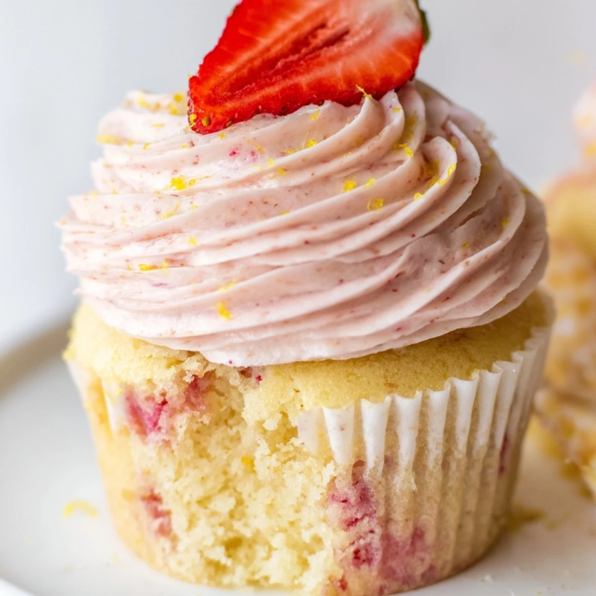 Fresh strawberry lemonade cupcakes with fluffy pink frosting piped high and garnished with lemon zest