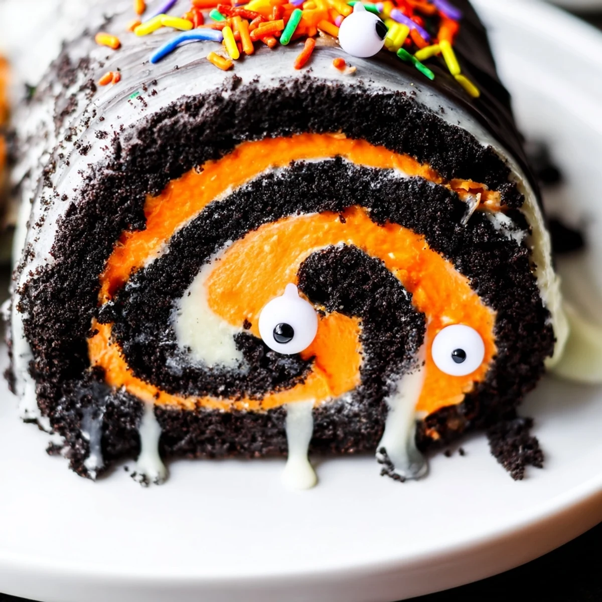A spooky Halloween Oreo Roll sliced and drizzled with chocolate on a festive platter