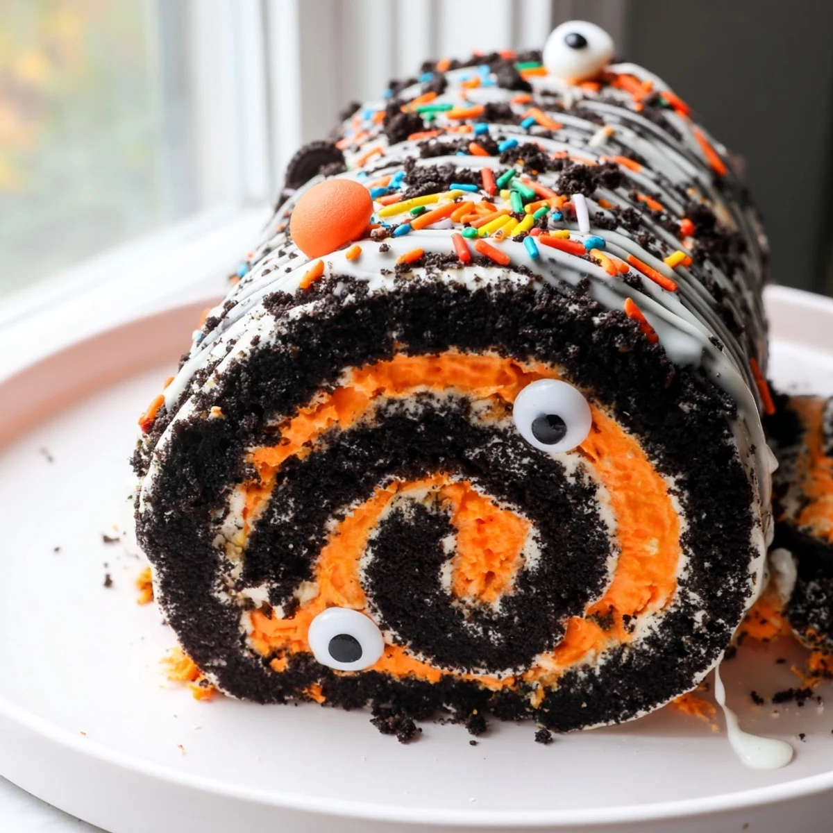 Halloween Oreo Roll swirl with orange whipped filling topped with candy eyes and sprinkles