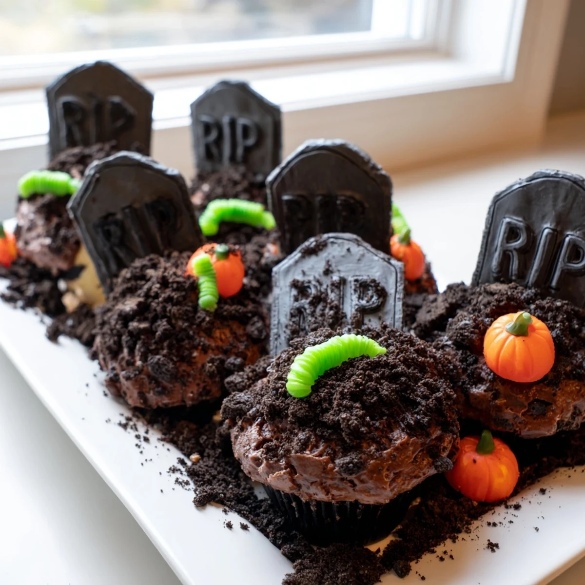 Pull Apart Graveyard Cupcakes decorated with cookie dirt, icing tombstones, and gummy worms