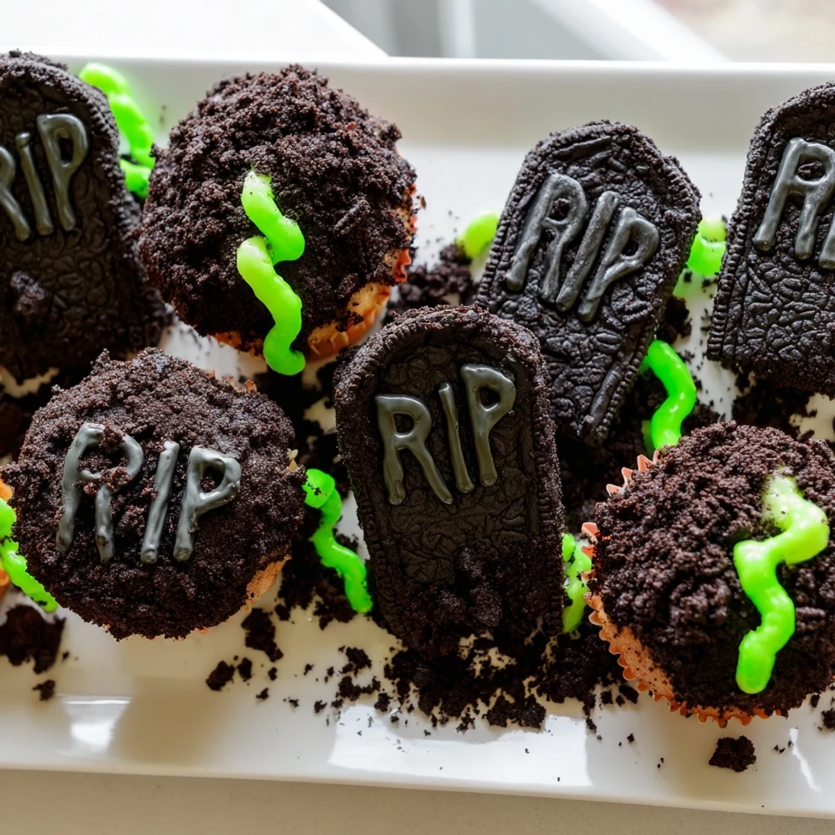 Chocolate frosted Pull Apart Graveyard Cupcakes topped with crushed cookies and spooky candy tombstones