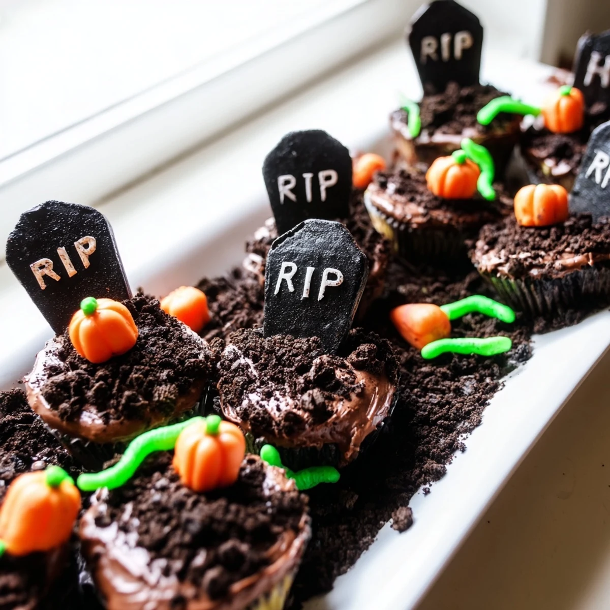 Spooky Pull Apart Graveyard Cupcakes arranged on a tray with edible dirt and Halloween decorations