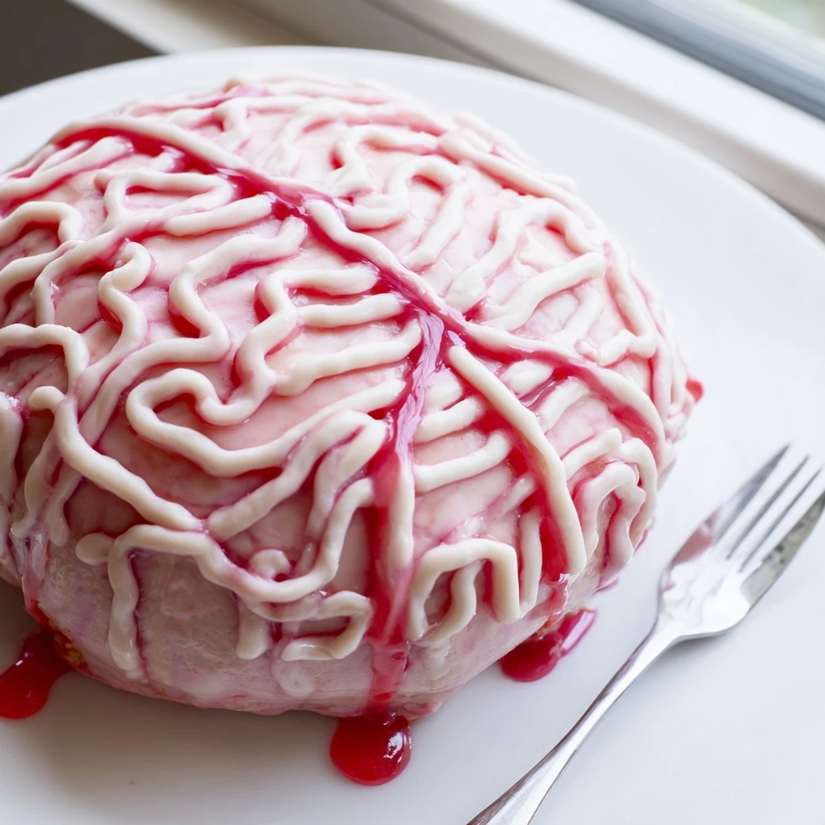 No Bake Strawberry Cheesecake Brain sliced on a dark Halloween party dessert table