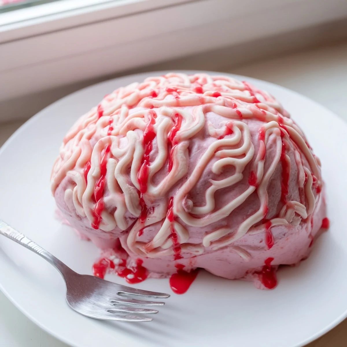 Creepy No Bake Strawberry Cheesecake Brain with raspberry sauce dripping down the folds
