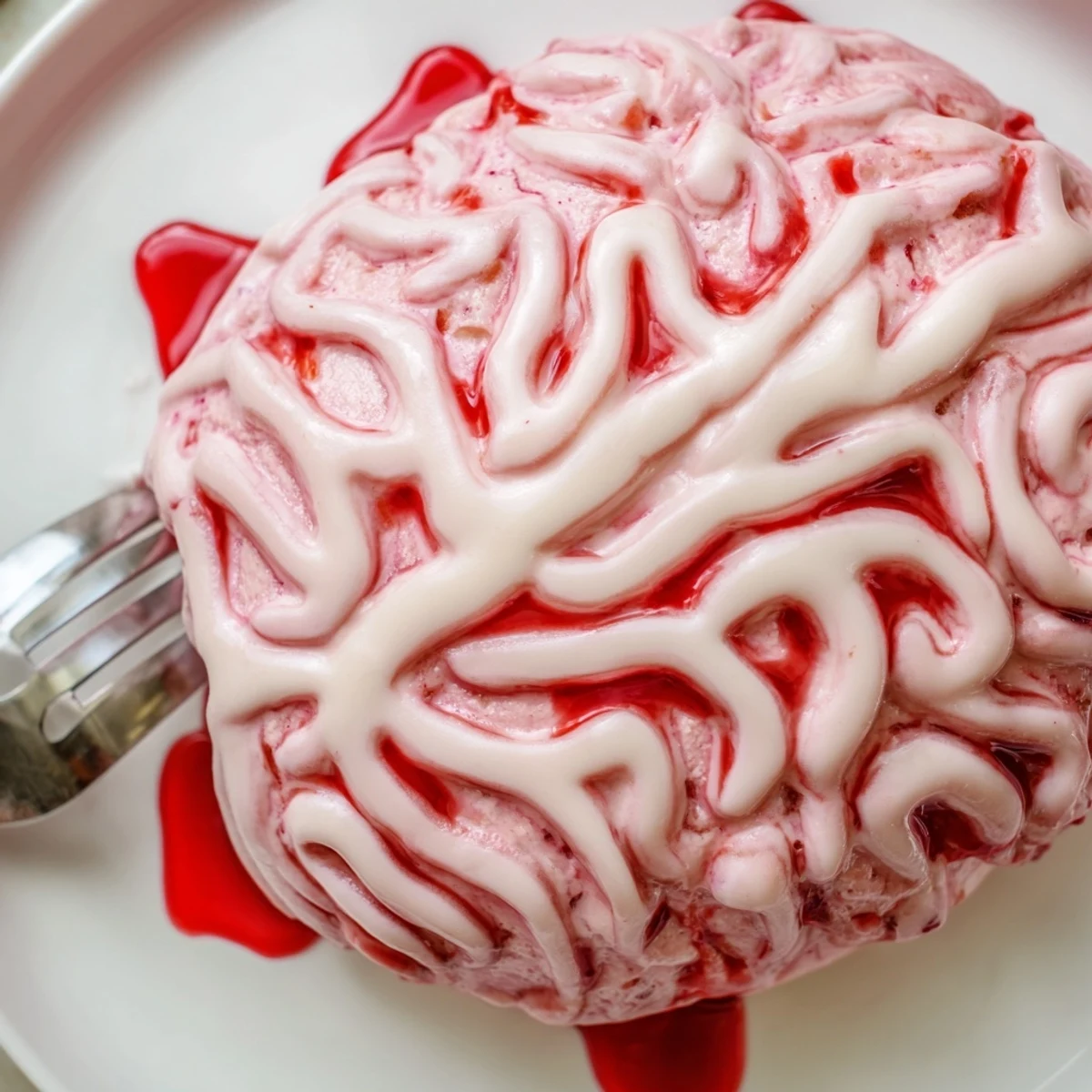 Pink No Bake Strawberry Cheesecake Brain topped with white chocolate squiggles and berry drizzle