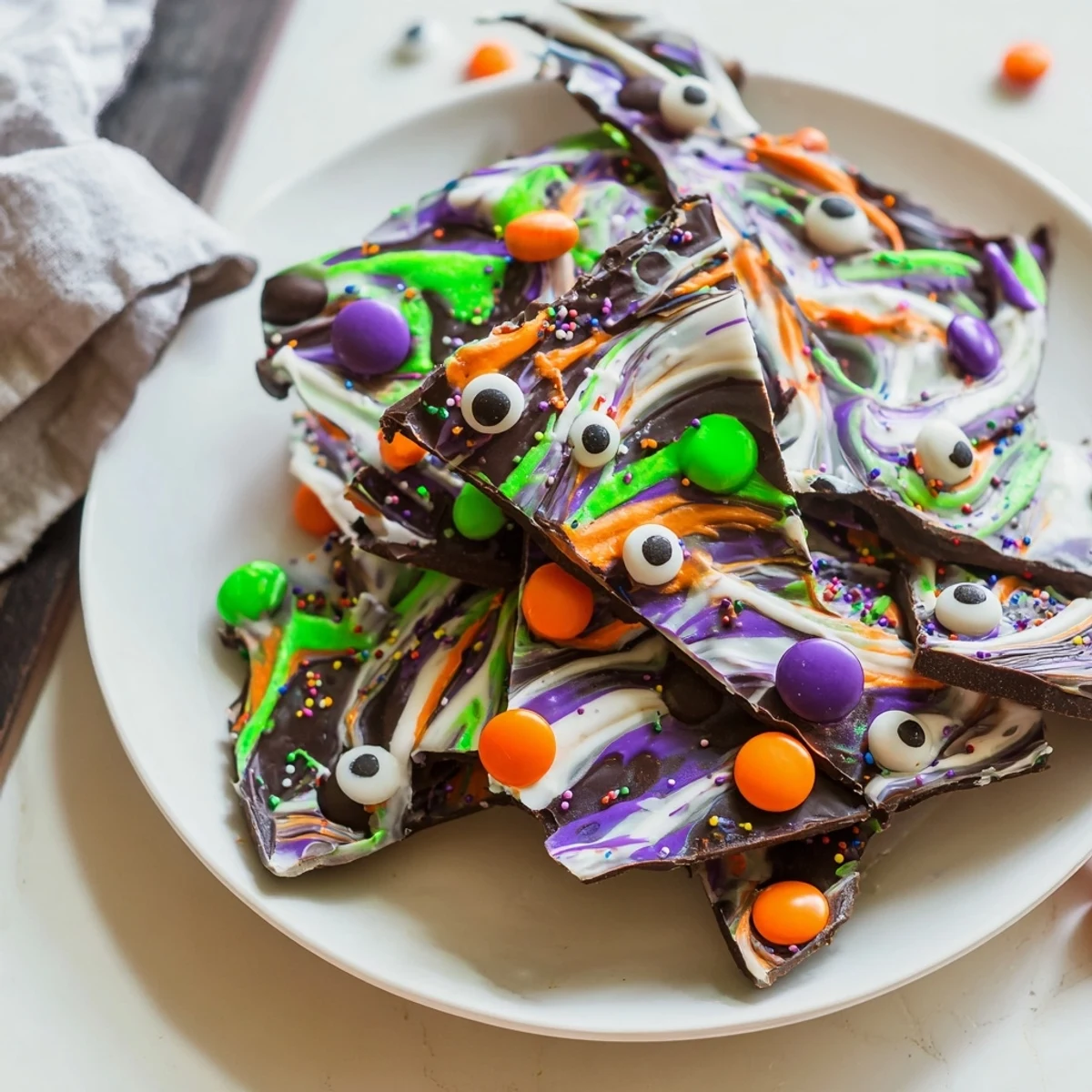 Melting Witches Bark with swirled chocolate and candy eyes on a parchment-lined sheet