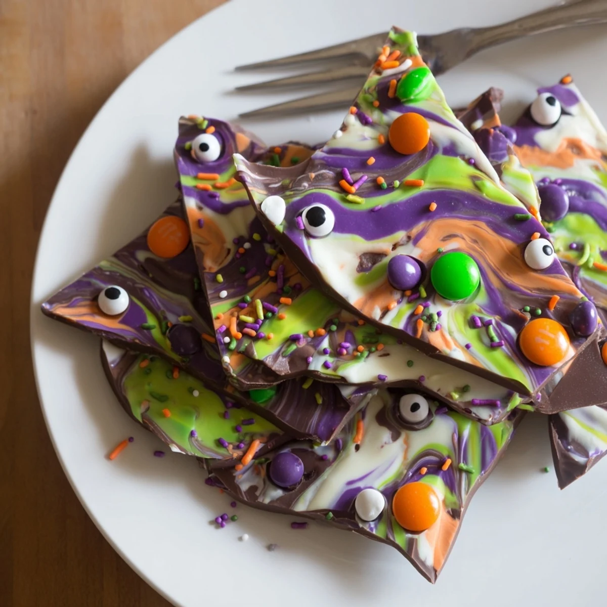Colorful Melting Witches Bark topped with Halloween sprinkles and mini chocolate candies
