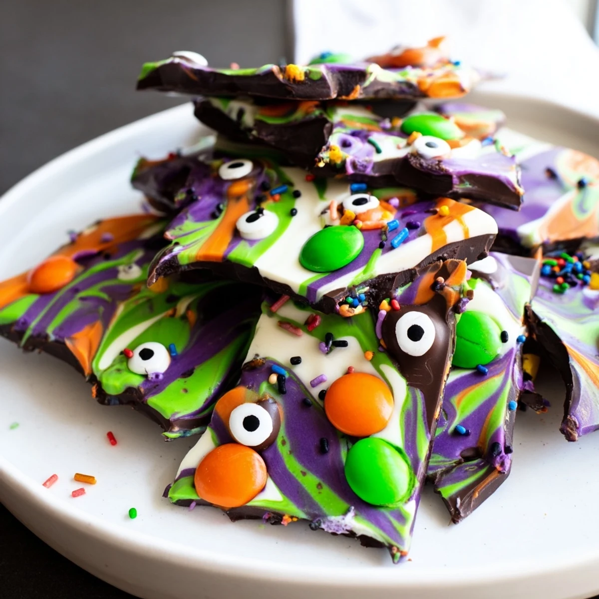 Rich Melting Witches Bark broken into rustic pieces showcasing a marbled chocolate surface