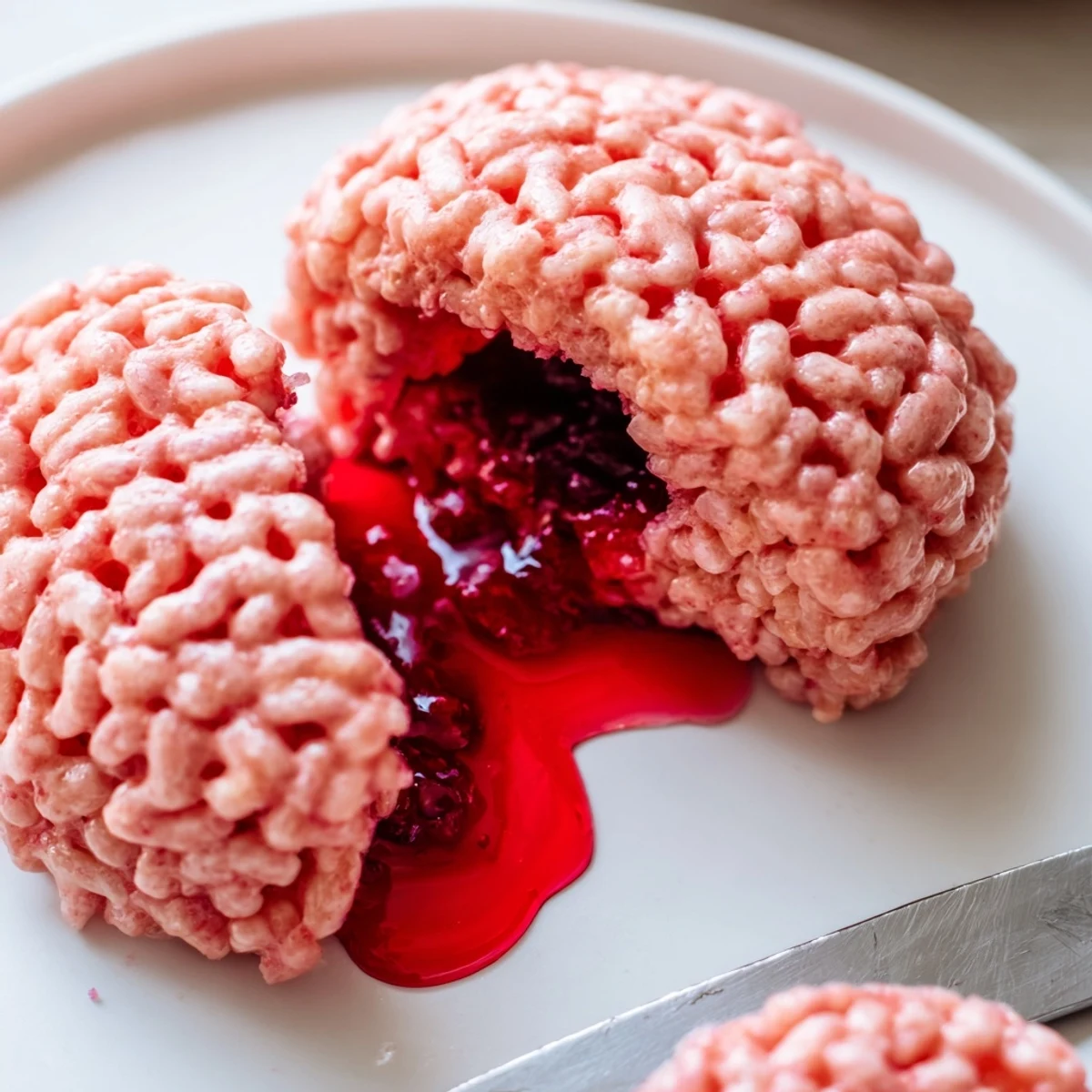 A pink crispy rice cereal brain oozing with bright red berry jam filling