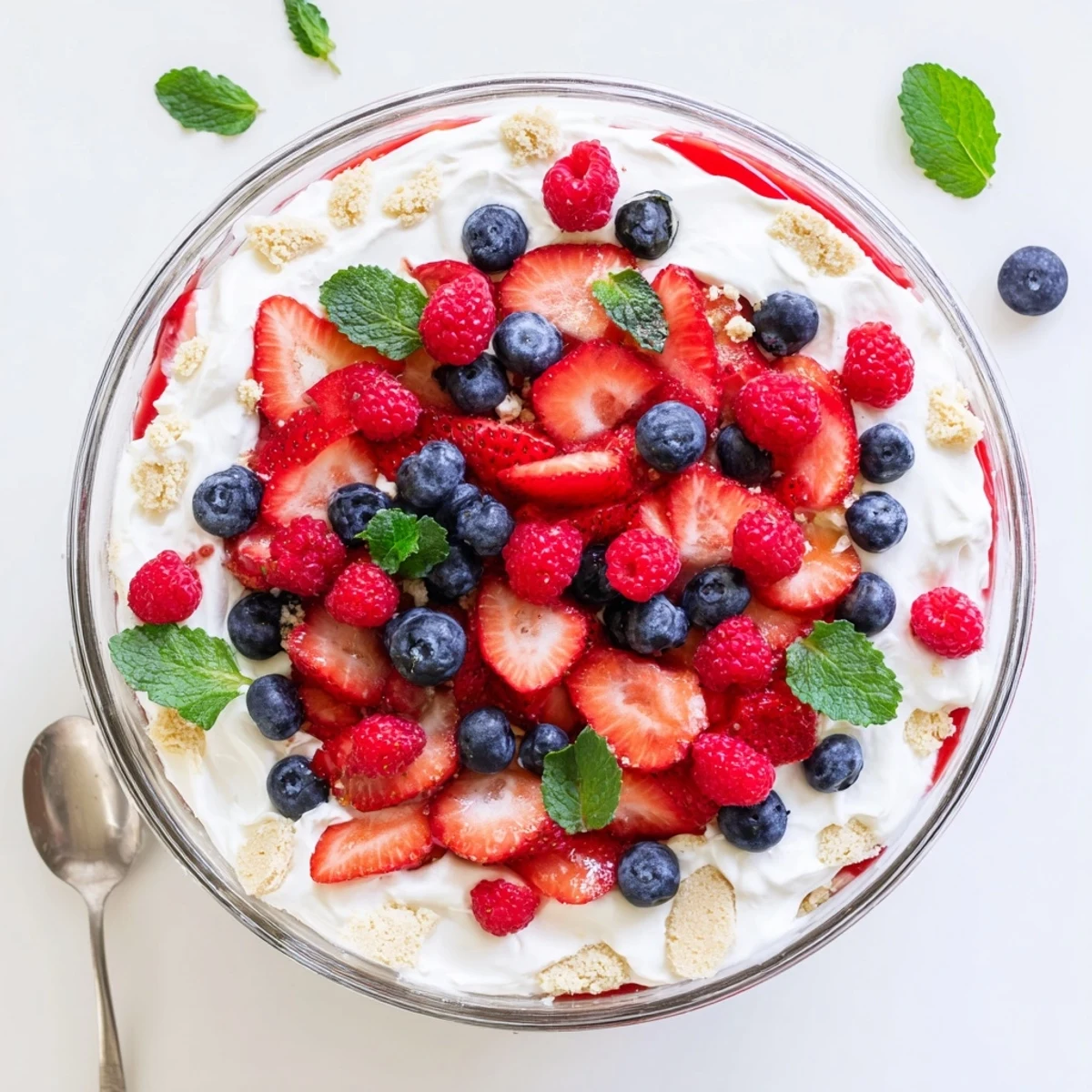 Creamy Red White Blue Mixed Berry Yum Yum layered with fresh strawberries and blueberries in a glass trifle bowl