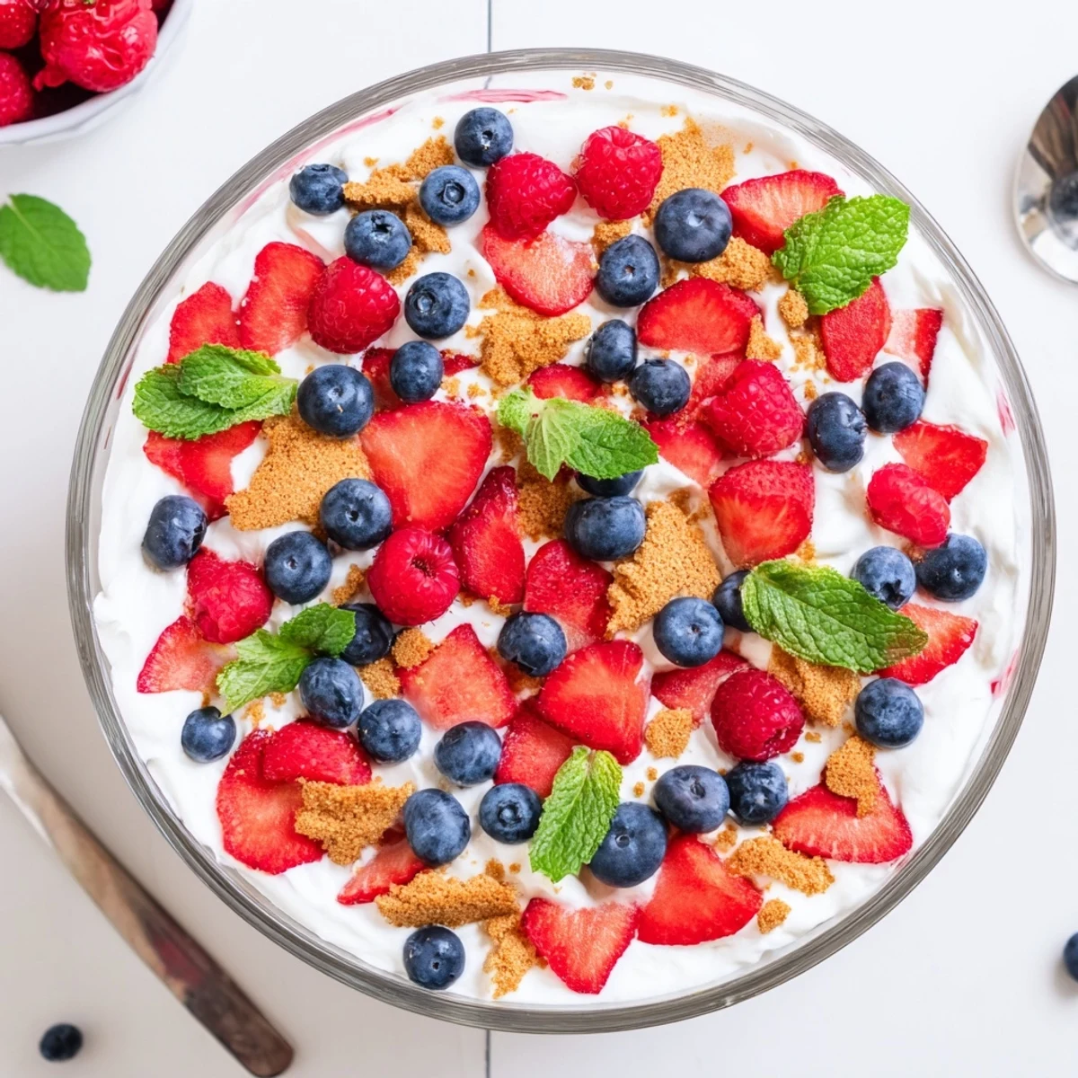 Red White Blue Mixed Berry Yum Yum topped with juicy raspberries and crushed shortbread in individual dessert cups
